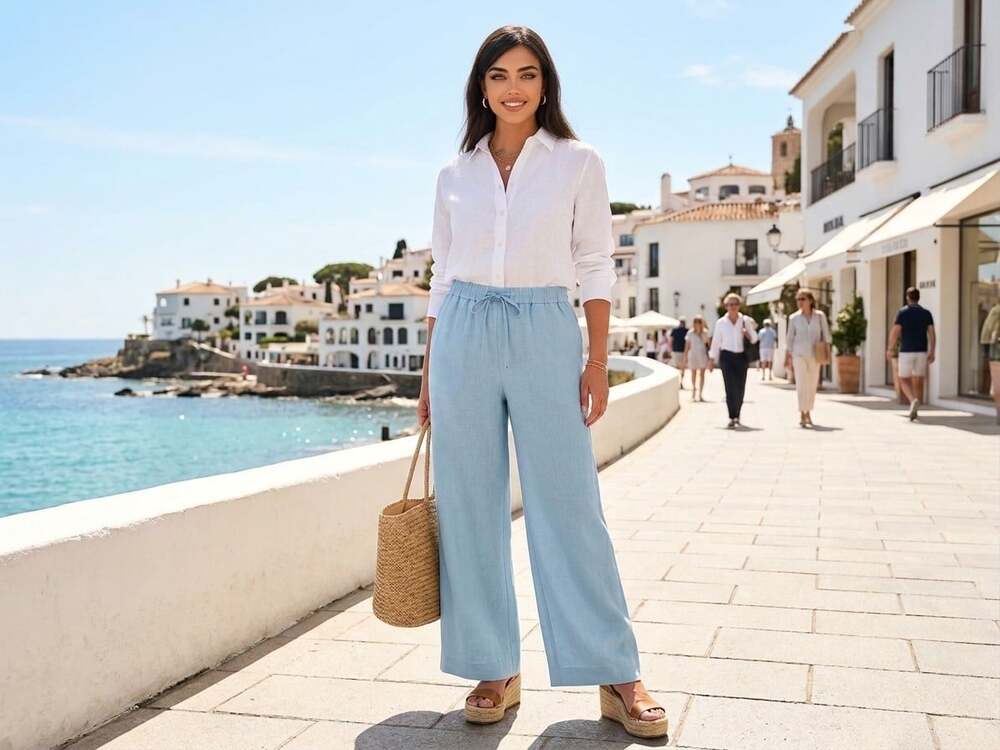 LÓCKER ROOM 100% Linen Wide Leg Drawstring Pant M Light Blue Summer Beach Luxury